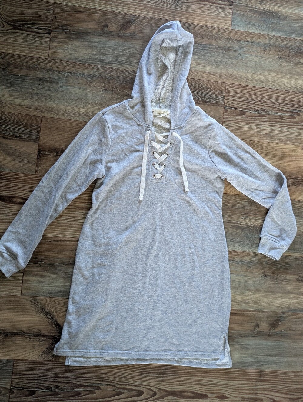 No Comment Heather Gray Tie Front Long Sleeve Hooded Sweatshirt Dress Large